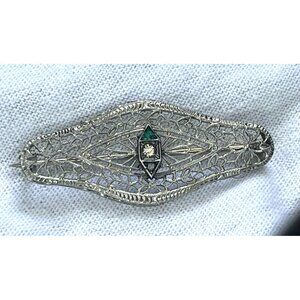 Antique Lacy Filigree Brooch Signed JHR - Missing Green Stone
